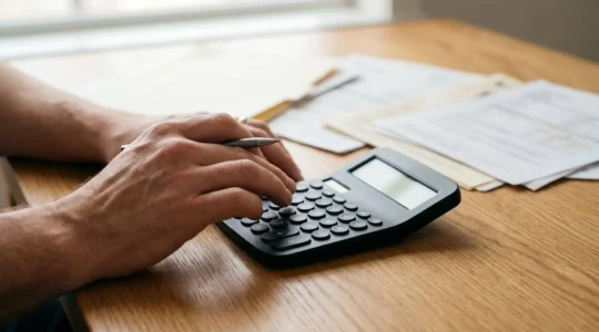 Main tenant une calculatrice avec documents de prêt immobilier en arrière-plan flou