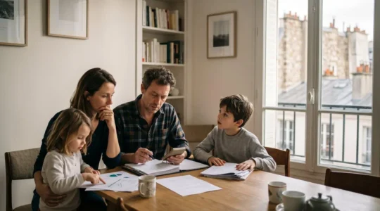 Une famille de quatre personnes consultant des documents financiers dans un environnement domestique moderne