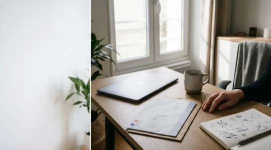 Travailleur indépendant face à des documents administratifs, symbolisant la gestion d'un arrêt de travail long avec franchise ITT