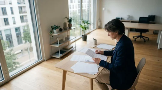 Professionnel libéral examinant attentivement un contrat de prévoyance dans un espace de travail contemporain épuré
