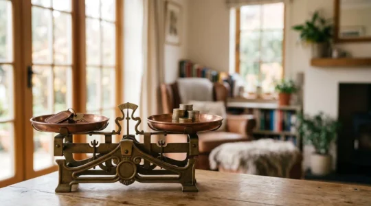Concept d'équilibre financier à l'approche de la retraite avec élément symbolique représentant la décision de remboursement de prêt immobilier