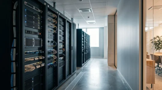 Serveur informatique professionnel dans un bureau moderne avec systèmes de sécurité