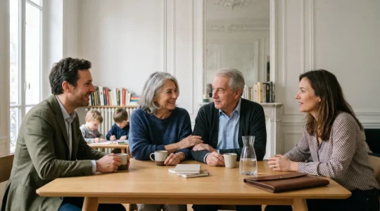 Scène familiale intergénérationnelle illustrant la transmission du patrimoine en France
